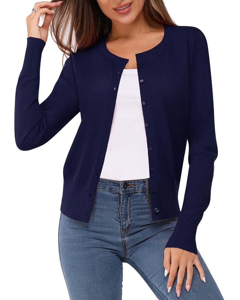 Newshows Women's 2025 Cardigan Fall Lightweight Business Work Casual Long Sleeve Basic Crew Neck Soft Knit Shrug Sweater Trendy Outfits(Navy,Medium) - Image 1